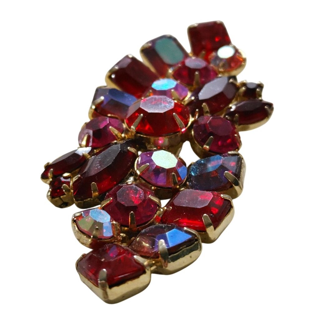 Brooch Red Aurora Borealis Rhinestone Gold Tone Vintage Setting Pinback Prong